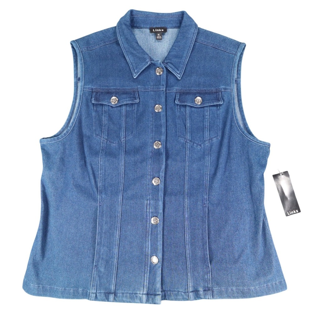 Links Denim Vest Womens XL Blue Stretch Button Front Sleeveless Jean Jacket NEW